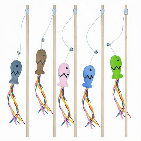 WuPing Cat Wand Toy, 5 Pcs Cat Teaser Stick with Ribbons and Fish Pendants, Interactive Cat Toys Cats Wand, 13.8"