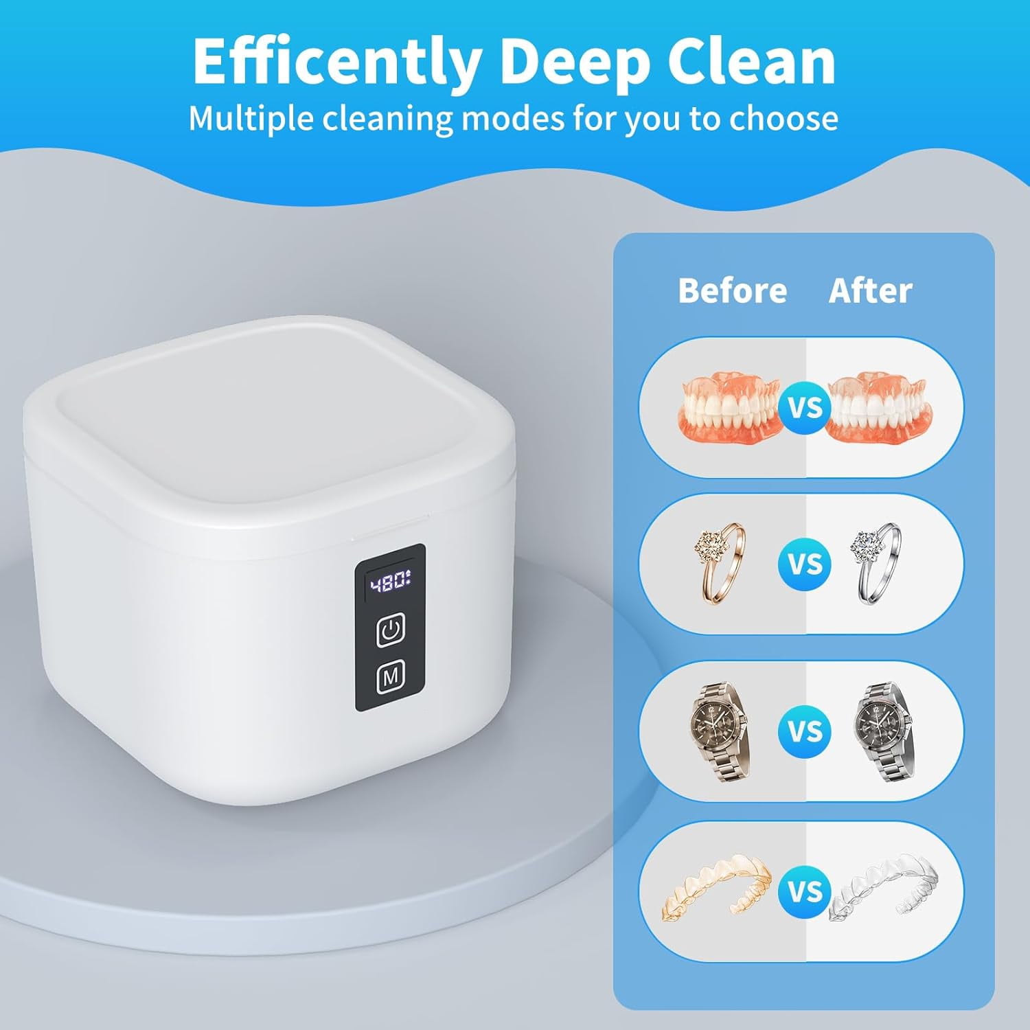 Prociv Ultrasonic Retainer Cleaner Machine 48kHz for Dentures, Mouth Guards, Braces, Toothbrush Heads, Jewelry, Ring with 300ML Capacity, 4 Modes Retainer Cleaning (White)