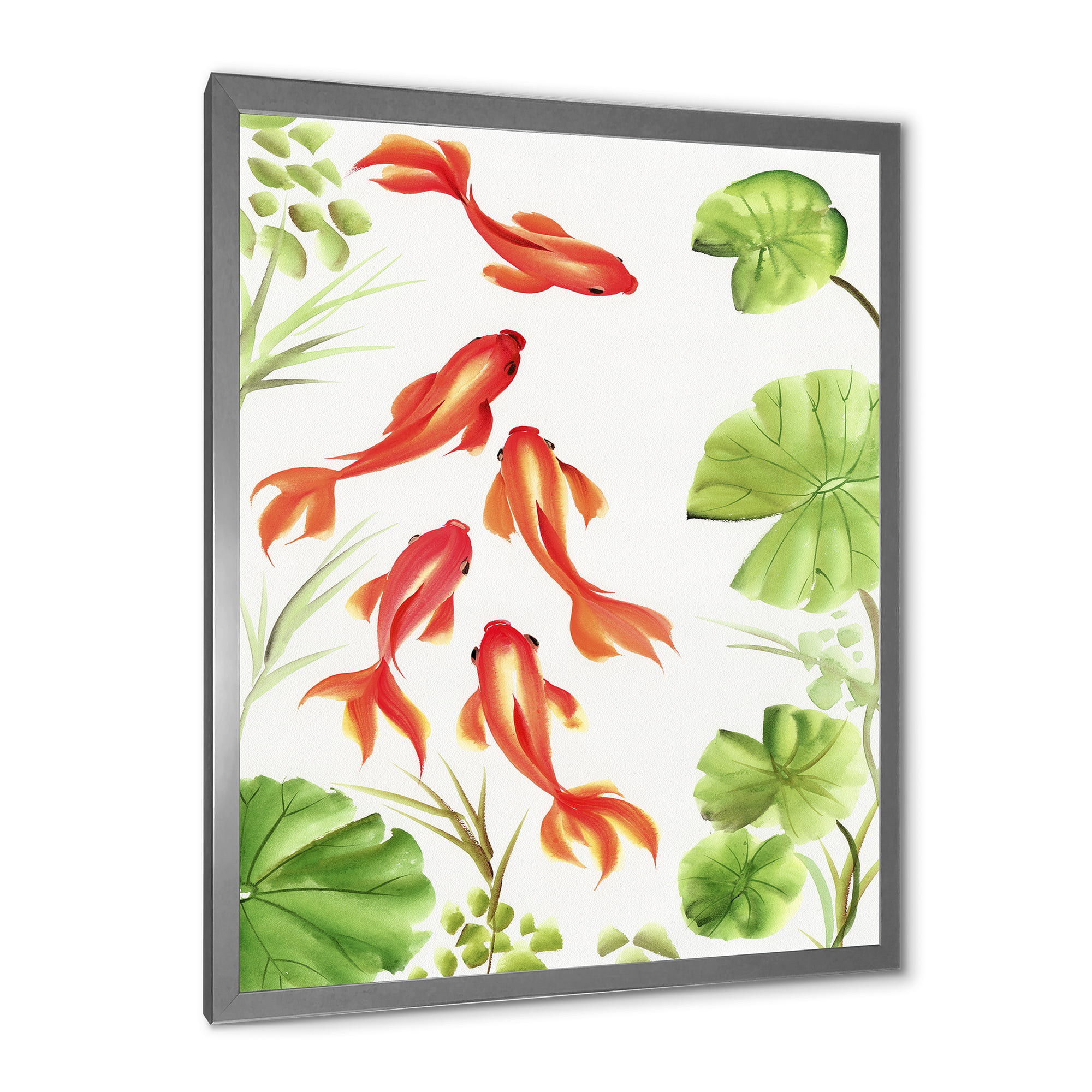 Designart 'Ancient Goldfishes Among The Lotus Leaves' Nautical & Coastal Framed Art Print