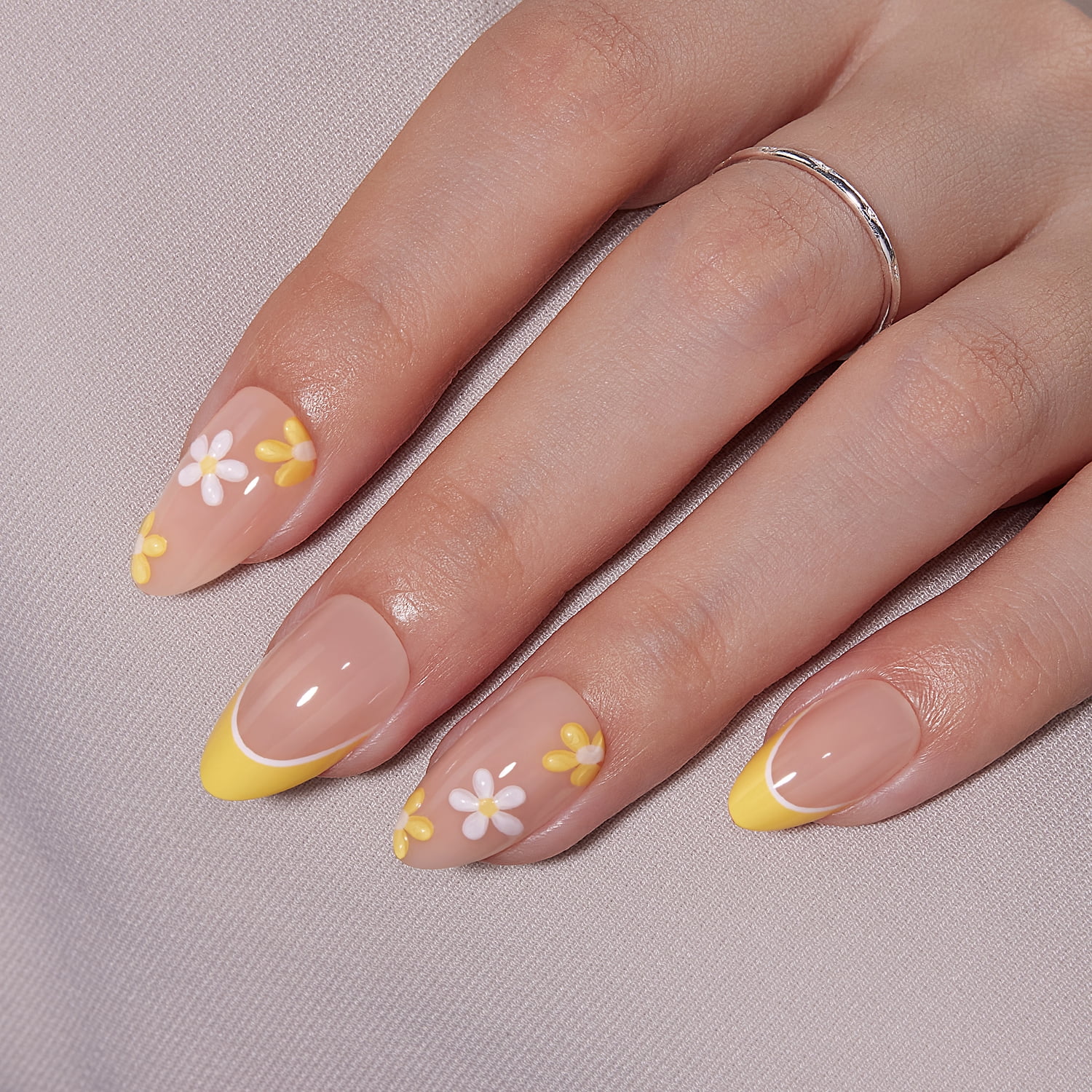 VSALON Press on Nails Short Almond - Lemon Yellow French Tip 3D Flower Design Fake Nails Kit, Reusable Semi-Transparent Gel Glue on Nails with Glue & Cuticle Oil - 32 PCS Stick on Nails in 16 Sizes