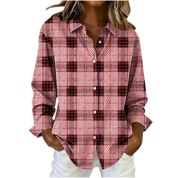 Lenpel Button down Shirts for Women Long Sleeve Plaid Printed Collared Blouses Dressy Casual Tops Loose Trendy Shirts(Pink,X-Large)
