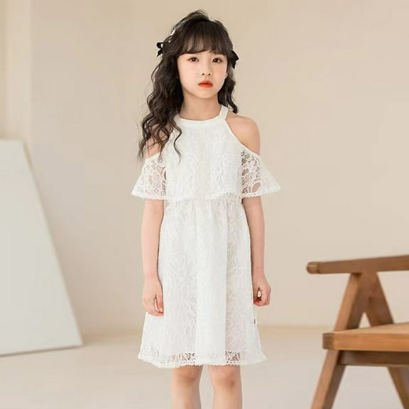 Aayomet Flower Girl Dress Kids Children Girls Summer Sleeveless Lace Neck Sleeveless Princess Dress White Dress,White 5-6 Years