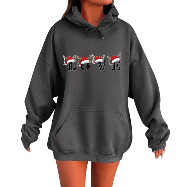 WILLBEST Sudadera Deportiva de Manga Larga con Estampado Del Alfabeto Navideño, Bolsillo con Cordón Ajustable y Estilo Oversize para Mujer XX-Grande