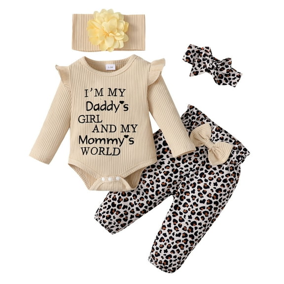 Newborn Baby Girls Clothes 3 Months Girls 4PCS Outfits Set Letter Print Newborn Girls Long Sleeve Top Leopard Pants Set with Headband Apricot