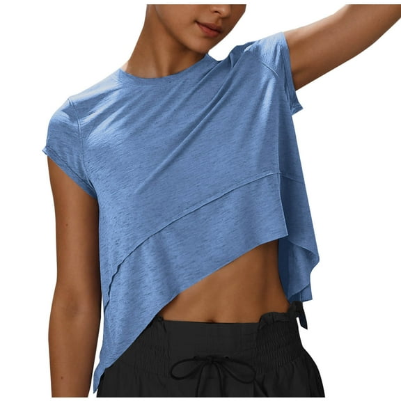 Wyobmus Womens Summer Shirt 1/4 Cap Sleeve Cropped Tops Loose Fit Casual Crew Neck T Shirts Fashion Pure Color Clothes Blue