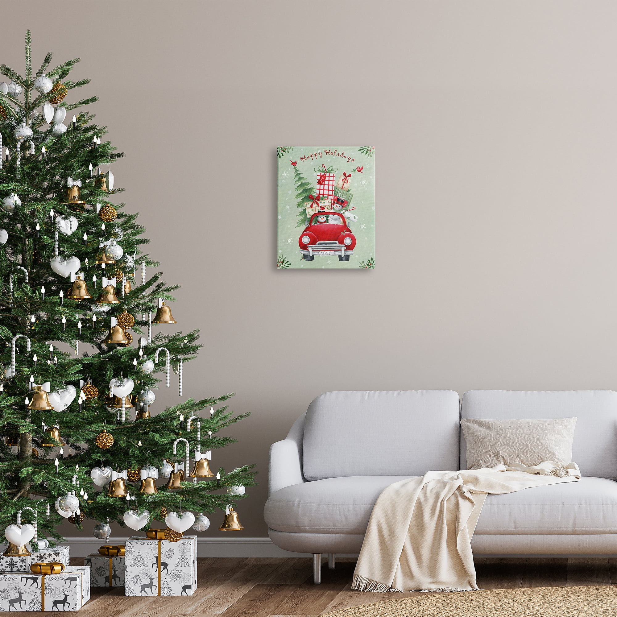 Stupell Industries Holiday Stacked Gift Car Holiday Painting Gallery Wrapped Canvas Art Print Wall Art, 16 x 20
