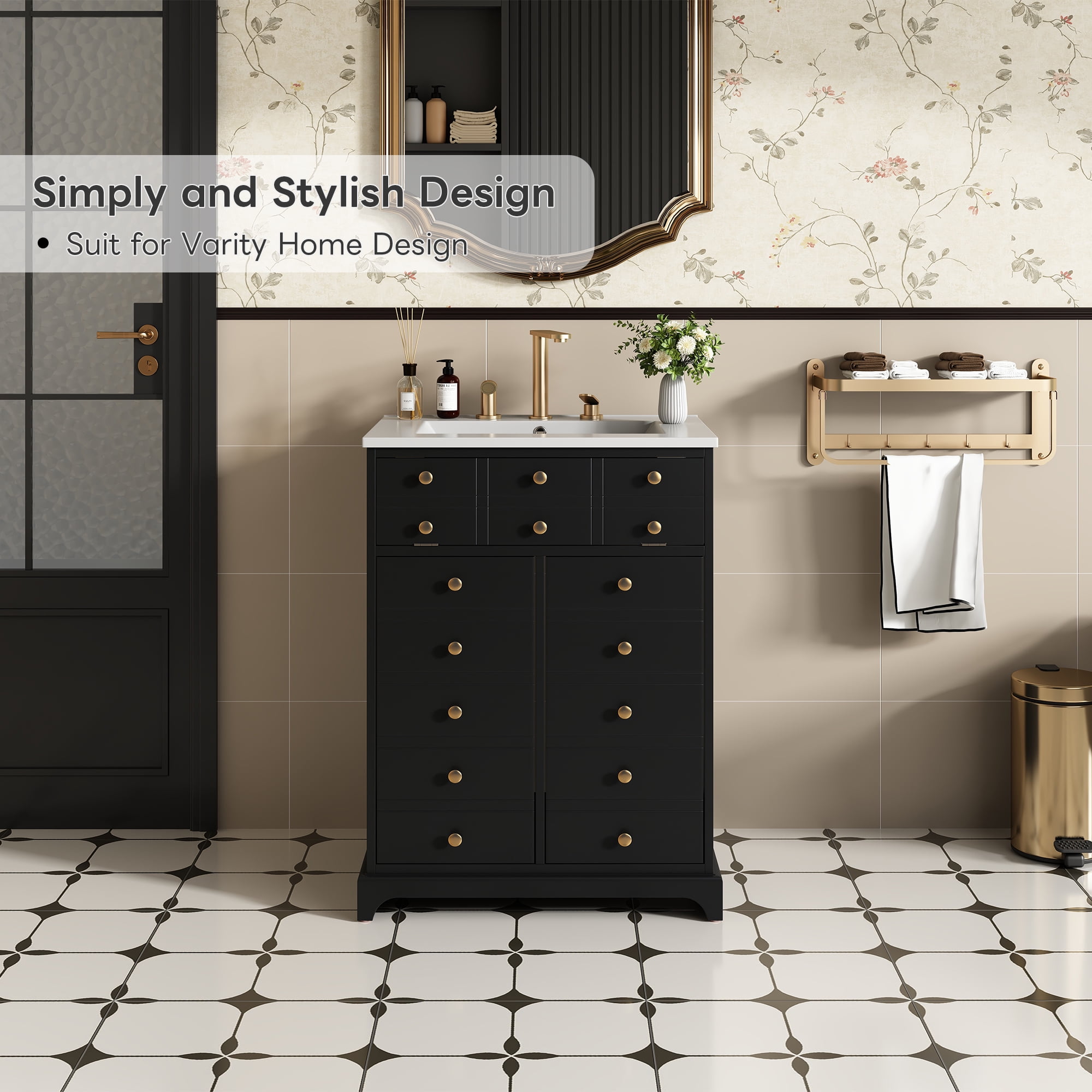 Euroco 24" Bathroom Vanity with a Drawer & Two Soft-Closing Doors, Painted Modern Bathroom Storage Cabinet with Ceramic Sink, Stylish Single Sink Cabinet for Small Spaces