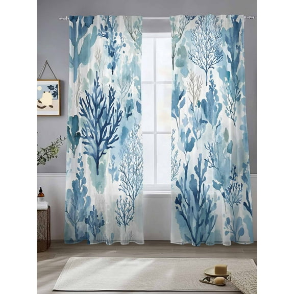 Blue Botanical Sheer Curtains for Living Room Bedroom Impressionist Style Watercolor Elegant Sheer Curtains 84 Inch Long 2 Panels Set Light Filtering Curtain Window Treatments Drapes for Dining Room