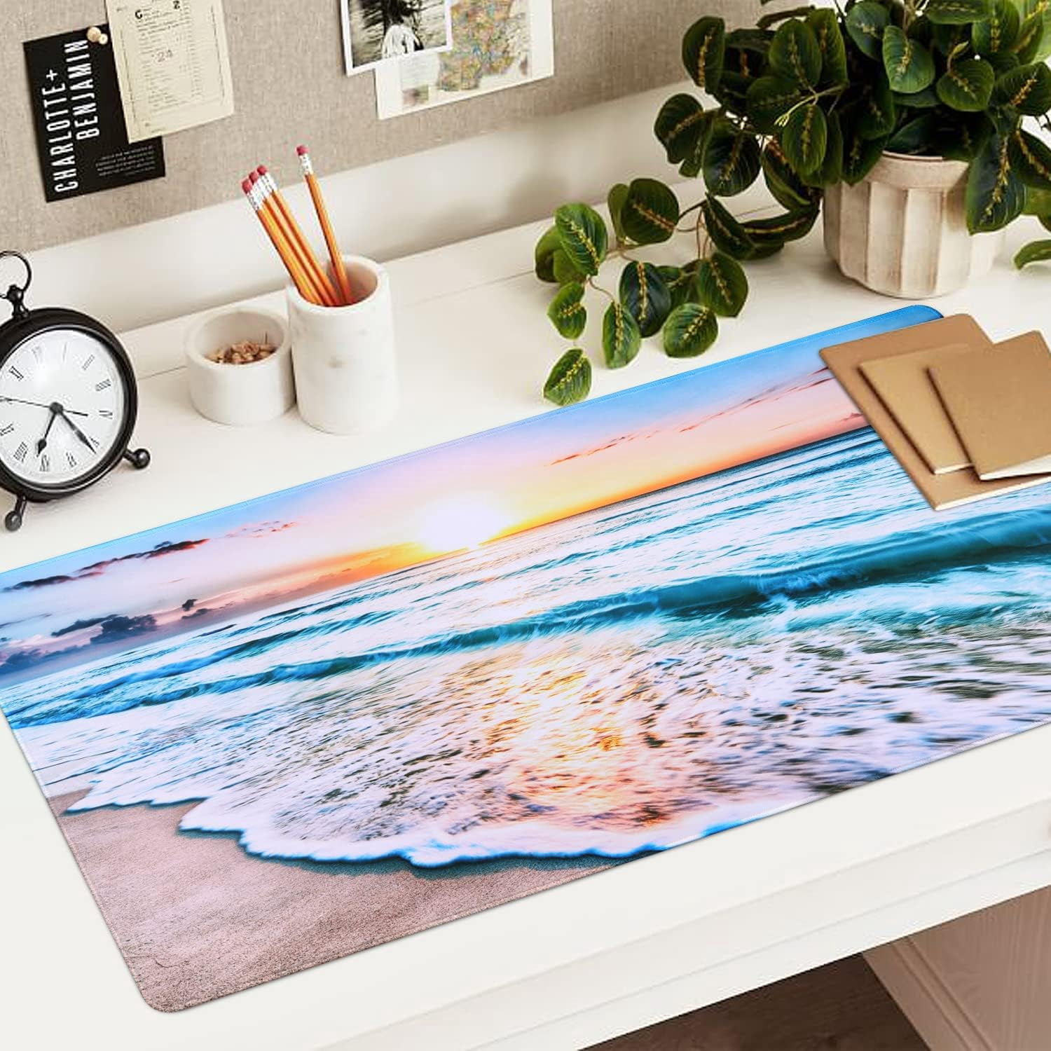 Extended Gaming Mouse Pad (35.4x15.7 in), Large 3mm Non-Slip Rubber Base Mousepad with Stitched Edges, Waterproof Keyboard Mouse Mat Desk Pad for Work, Game, Office, Home - Sun Beach