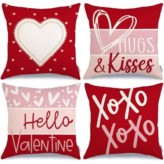 Valentine's Day Hello Valentine Hugs & Kisses Throw Pillow Covers 18x18 Inch Set of 4, Red Heart XOXO Striped Decorative Farmhouse Wedding Cushion Cases for Home Decoration (Red) G414-18