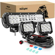 Nilight ZH016 12 Inch 72W Spot Combo Bar 2PCS 4 Inch 18W Flood LED Fog Lights with Off Road Wiring Harness- 2 Leads, 2