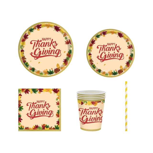 Thanksgiving Disposable Tableware Set 25 Napkins 25 Each 7 In And 9 In Plates 25 Paper Cups 25 Straws Orange Paper