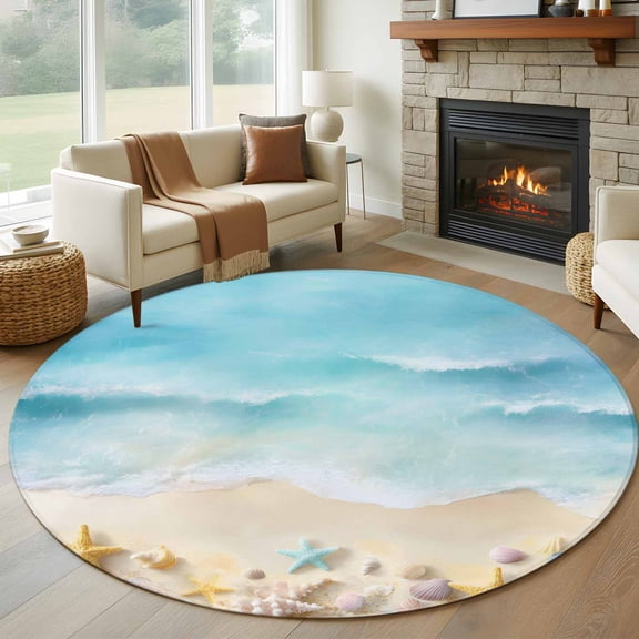 6ft Round Rug, Blue Waves Non-Skid Rubber Backing Large Area Rugs - Living Room Bedroom Home Office, Summer Beach Starfish Coastal Nautical Ocean Indoor Floor Mat Carpets Washable Rug