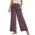 thumbnail image 1 of Pantalones casuales de pierna recta para mujer: bolsillos laterales, mezcla de lino, para todas las estaciones, vacaciones/uso diario, cintura elástica, fácil cuidado., 1 of 6