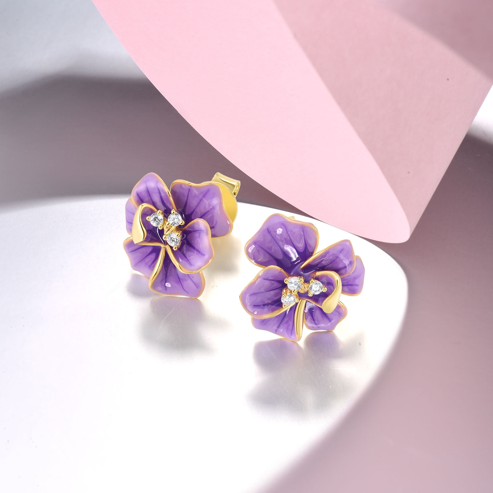 Santuzza Peony Earrings 925 Sterling Silver White Cubic Zirconia Enamel Purple Flower Stud Earrings for Women