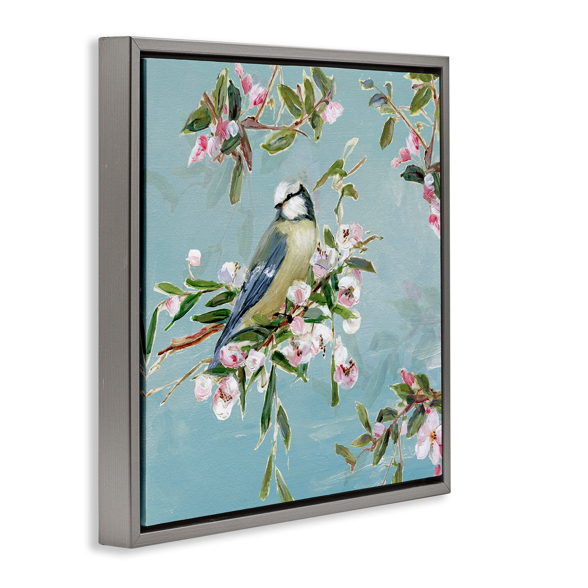 Stupell Industries Songbird Perched on Blooms Gray Framed Floater Canvas Wall Art, design by Sally Swatland