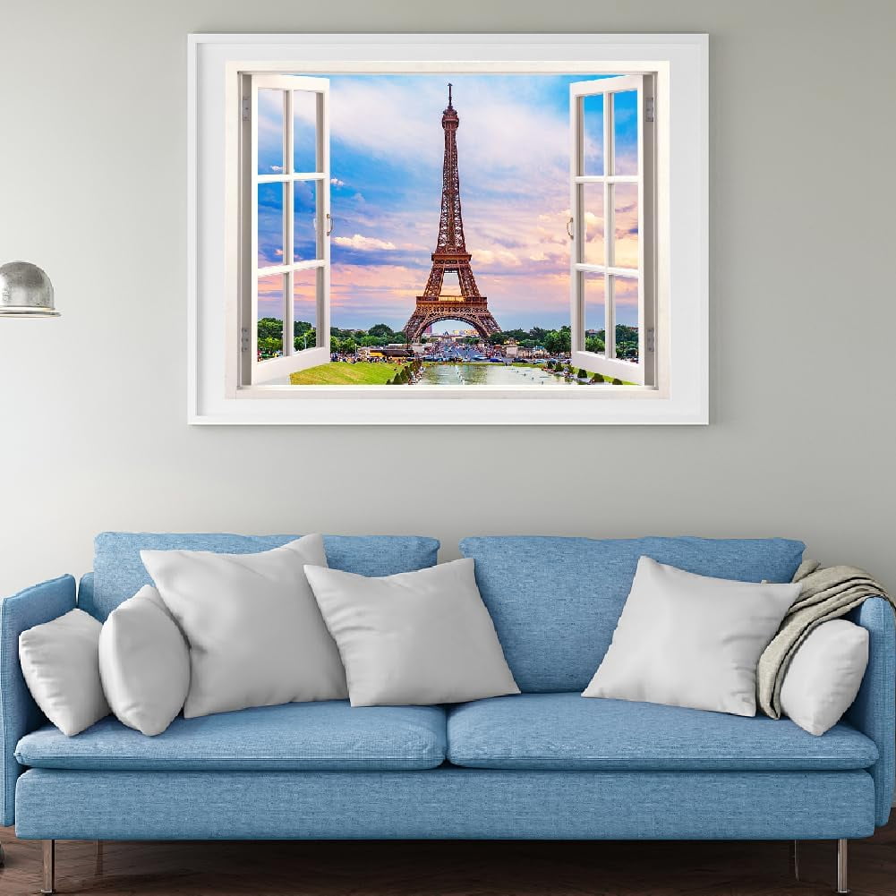 Colorful Eif-fel Tower Wall Decals 3D Window View Wall Sticker Window View Nature Photography Wall Art Vinyl Stickers for Living Room Bedroom Office