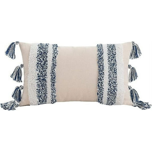 Nvzi Fundas de almohada lumbar con borlas y bordado geométrico de 12 x 20 pulgadas, estilo bohemio, para decoración del hogar (azul marino, 12 x 20 pulgadas)