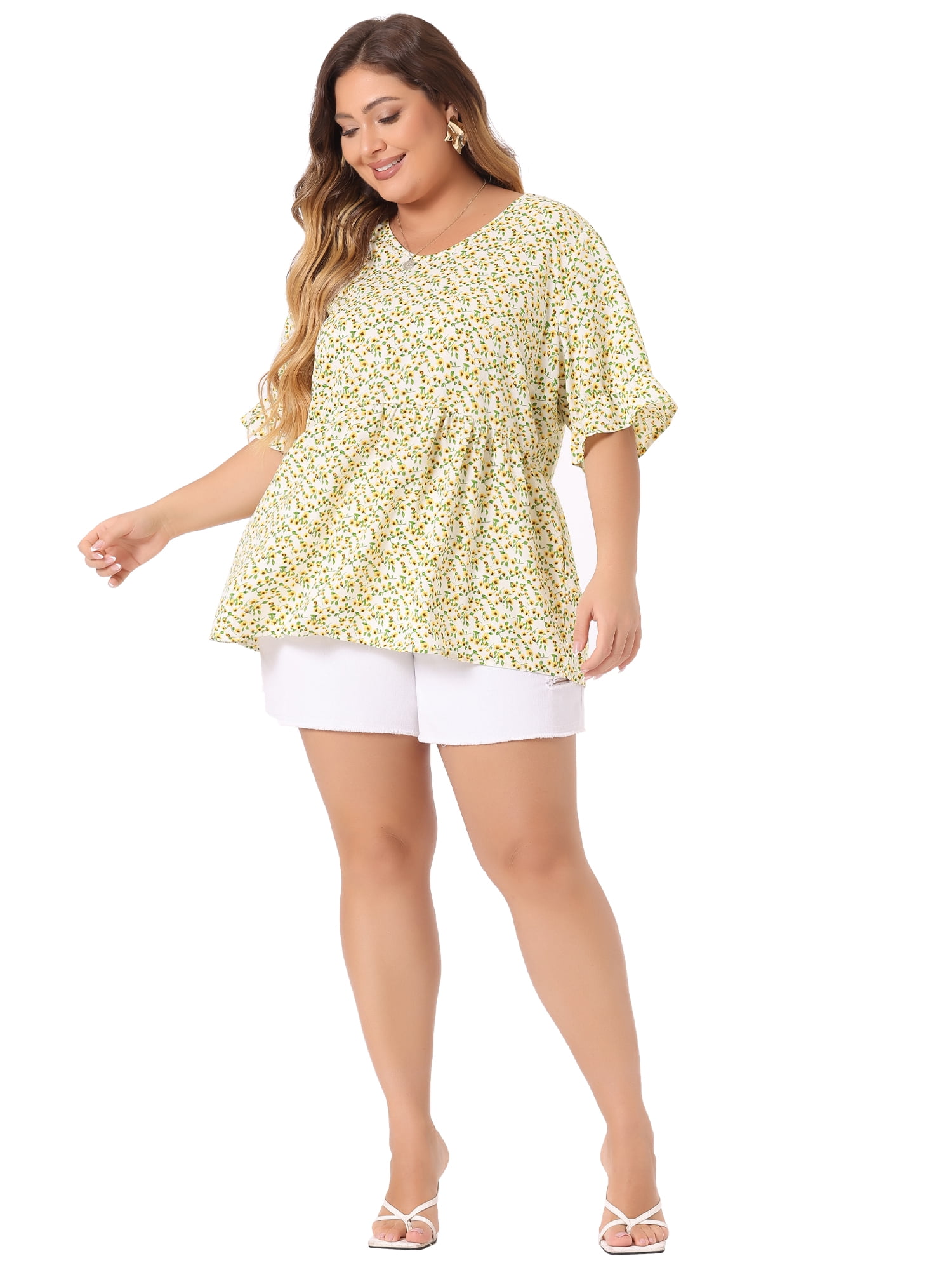 DARING DIVA Women's Plus Size Floral V Neck Ruffle Short Sleeve Blouses 4X Light Yellow