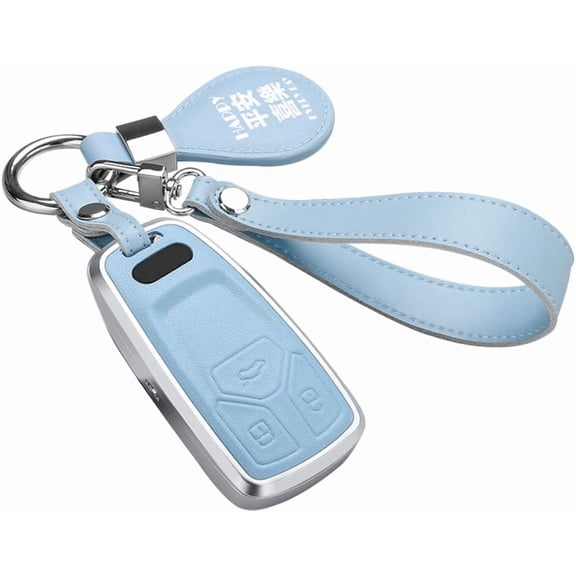 Key Fob Cover Compatible with Fit for Audi A4 Q7 Q5 TT A3 A6 SQ5 S5 2017-2019, Silver Metal Frame & Genuine Leather Smart Key Fob Case with Keychain Remote Protection Shell Keychain ,Blue