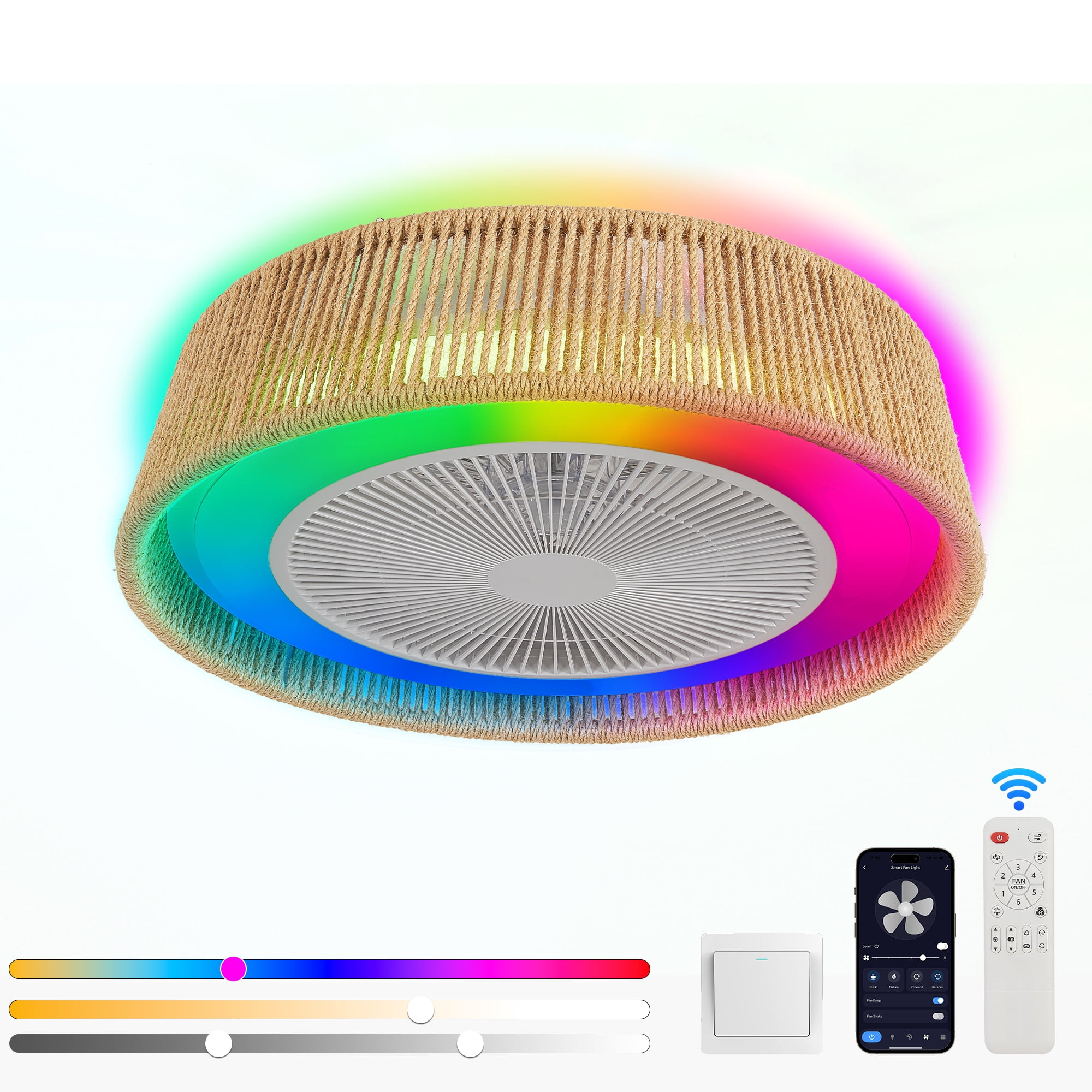 21" Modern Rustic Ceiling Fan Light with LED RGB Mood Lighting, Rope Woven Design, Quiet Fan, Semi Flush Mount for Bedroom, Living Room, or Dining Room ((Silent/6-Speed/Reversible/DC Motor))