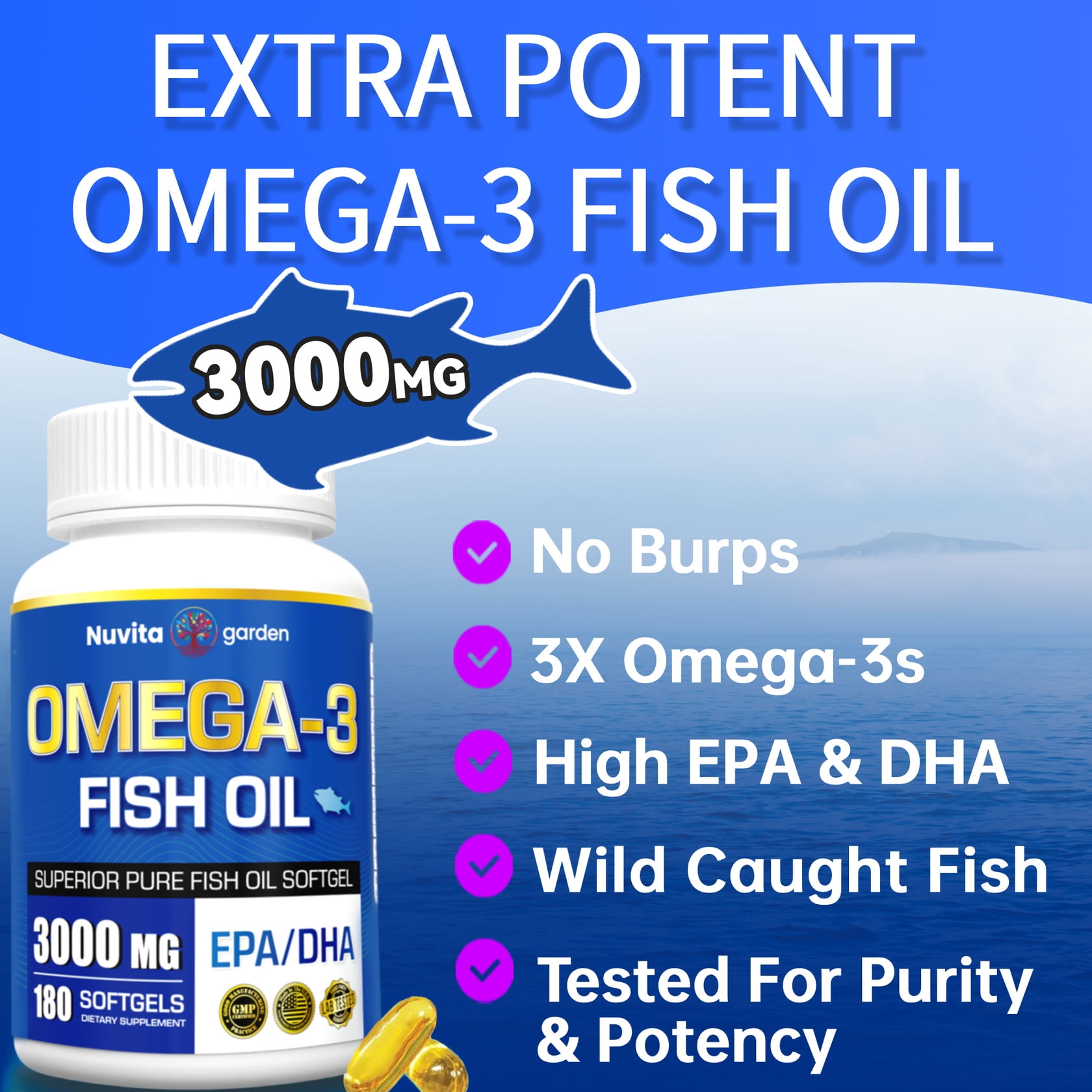 3 Pack Fish Oil 3000mg with EPA & DHA, Omega-3 Fish Oil Healthy Heart, Improved Cardiovascular Health,540 Softgels