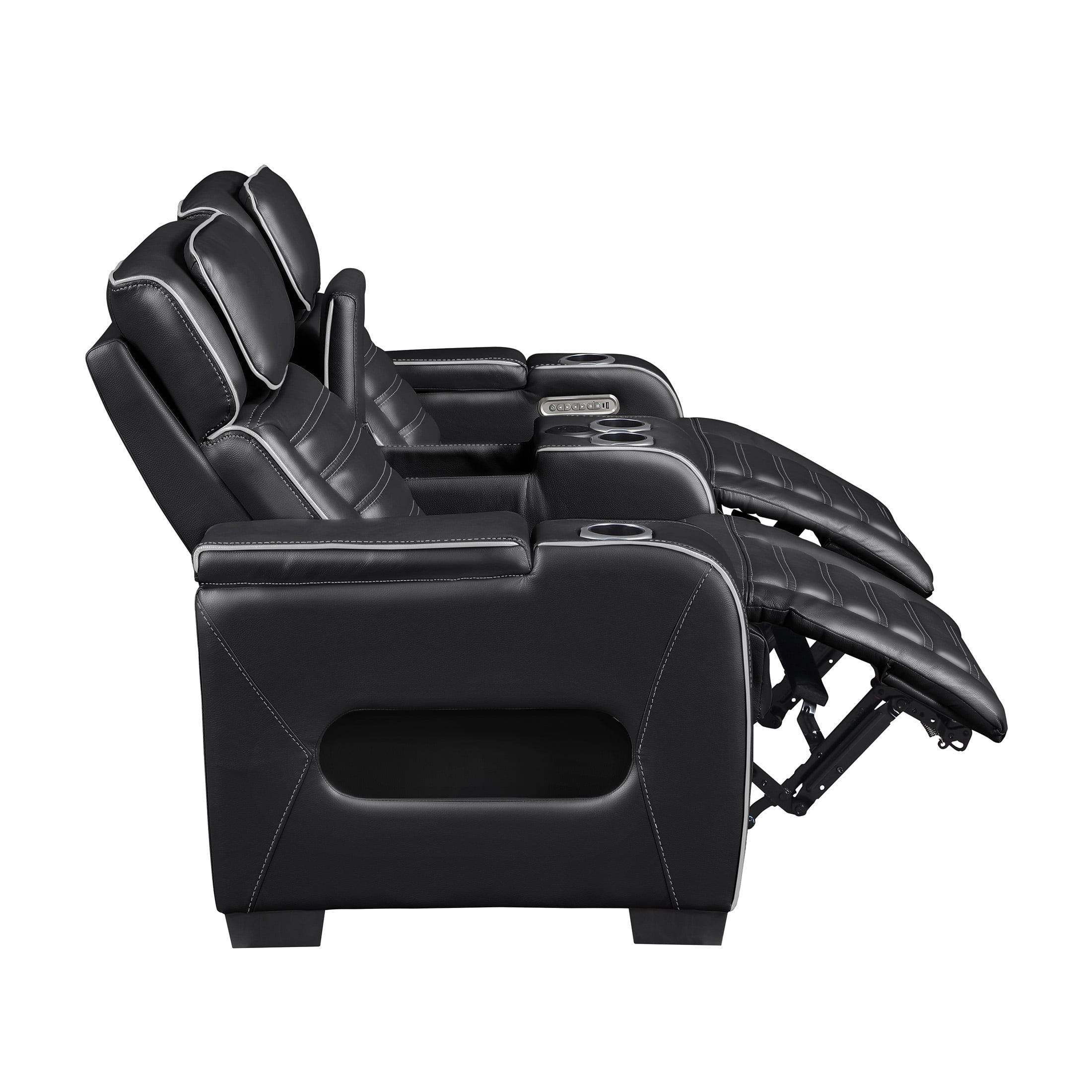 OakvillePark Elantra Leather Match Power Double Reclining Love Seat with Center Console/Power Headrests/Storage Arms/Cup Holders/Wireless speakers/Air Massage/Heat/LED Lighting/Charging Ports, Black