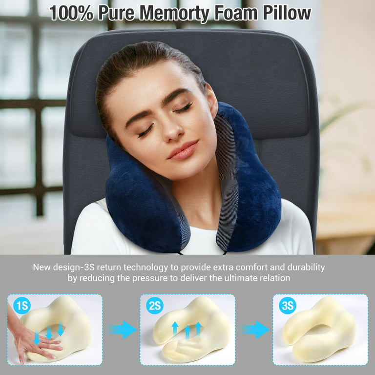 Power of Nature Travel Pillow Luxury Memory Foam Neck & Head Support Pillow  Soft Sleeping Rest Cushion for Airplane Car & Home Best Gift Dark Blue 