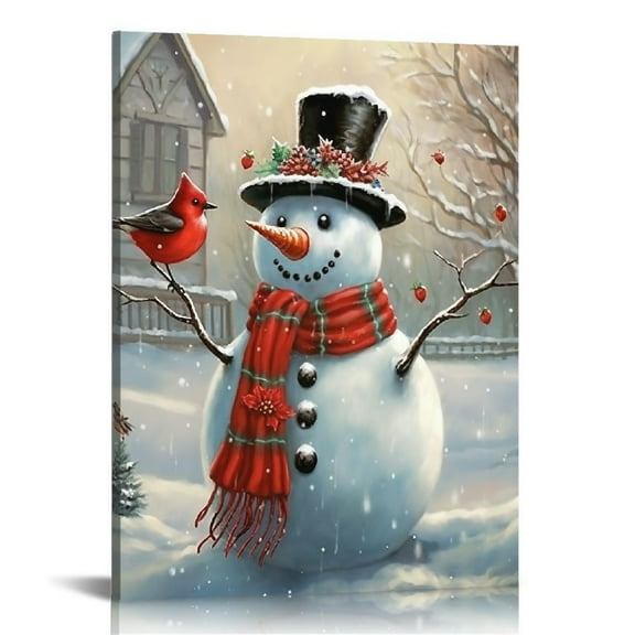JRXY Snowman Wall Art Christmas Picture Winter Scene Snowman Canvas Print Stretched and Framed 16x20inch 12x16 in