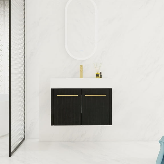 30 Inch Wall-Mounted Bathroom Vanity with Sink, Thick Edged Resin Basin, Black Chestnut