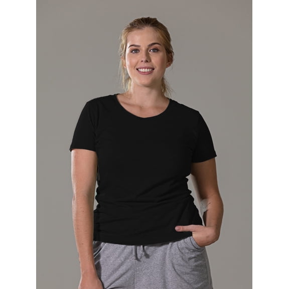 Soft comfy PJ set with black modal blend fitted tee and heather gray cotton/poly drawstring pants