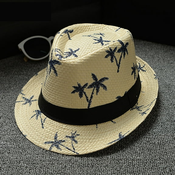 GZWYHT Beach Hats,Sun Hats Parent Child Adult Beach Wind Travel Tree Printing Paper Straw Jazz Hat Seaside Sun Hat Wide Brim Hats,Hats for Men Beige