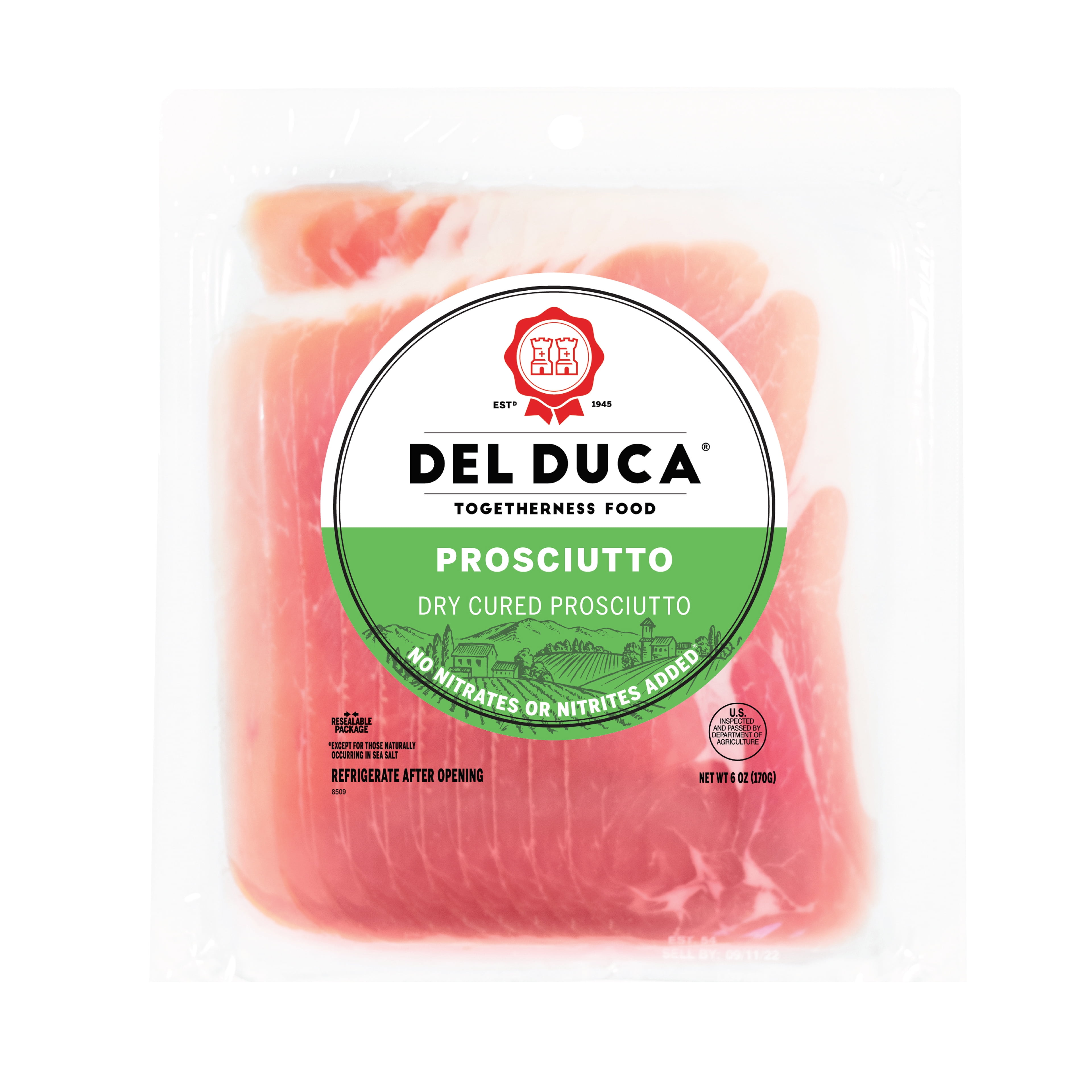 Del Duca, Dry Cured Prosciutto, Sliced Pork Deli Meat, 6 oz Plastic