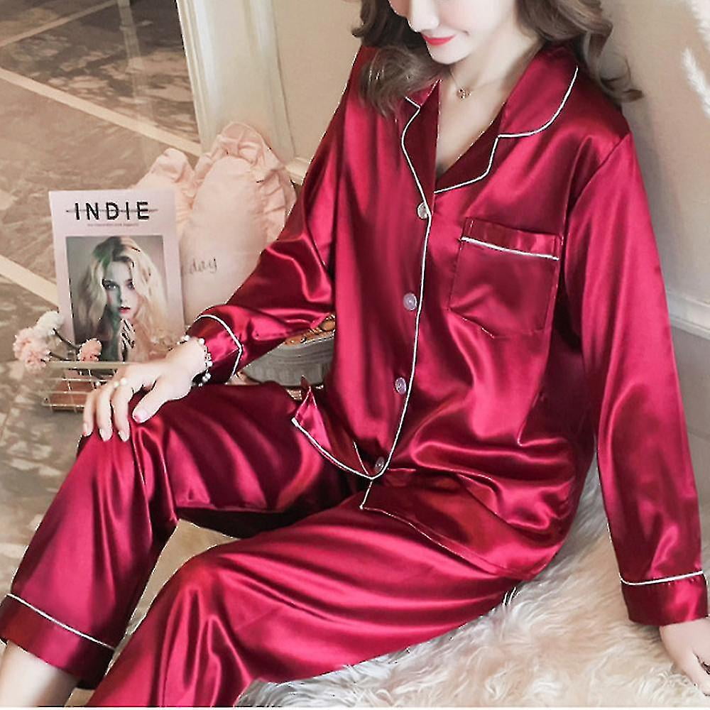 Yeegool Women Satin Silk Sleepwear Pyjamas Long Sleeve Nightwear Sets Red 3xl