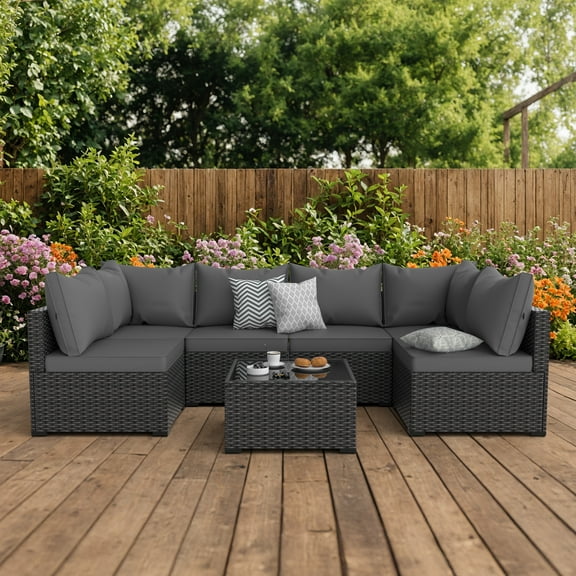 7 Piece Rattan Patio Furniture Set with Cushion and Glass Table for Backyard, Grey
