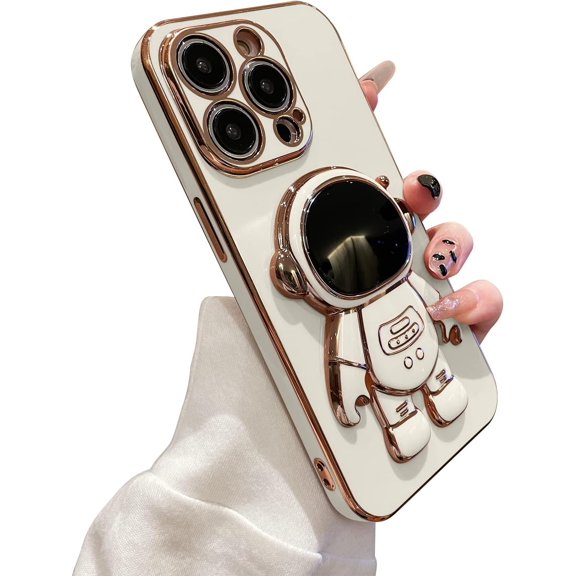 Compatible with iPhone 14 Pro Max Case Plating Astronaut Kickstand Cute Pattern Luxury Phone Case Soft TPU  for iPhone 14 Pro Max Case Girls Women -White