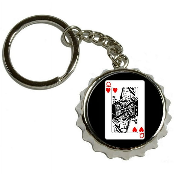 Playing Cards Queen of Hearts, Nickel Plated Metal Popcap Bottle Opener Keychain Key Ring
