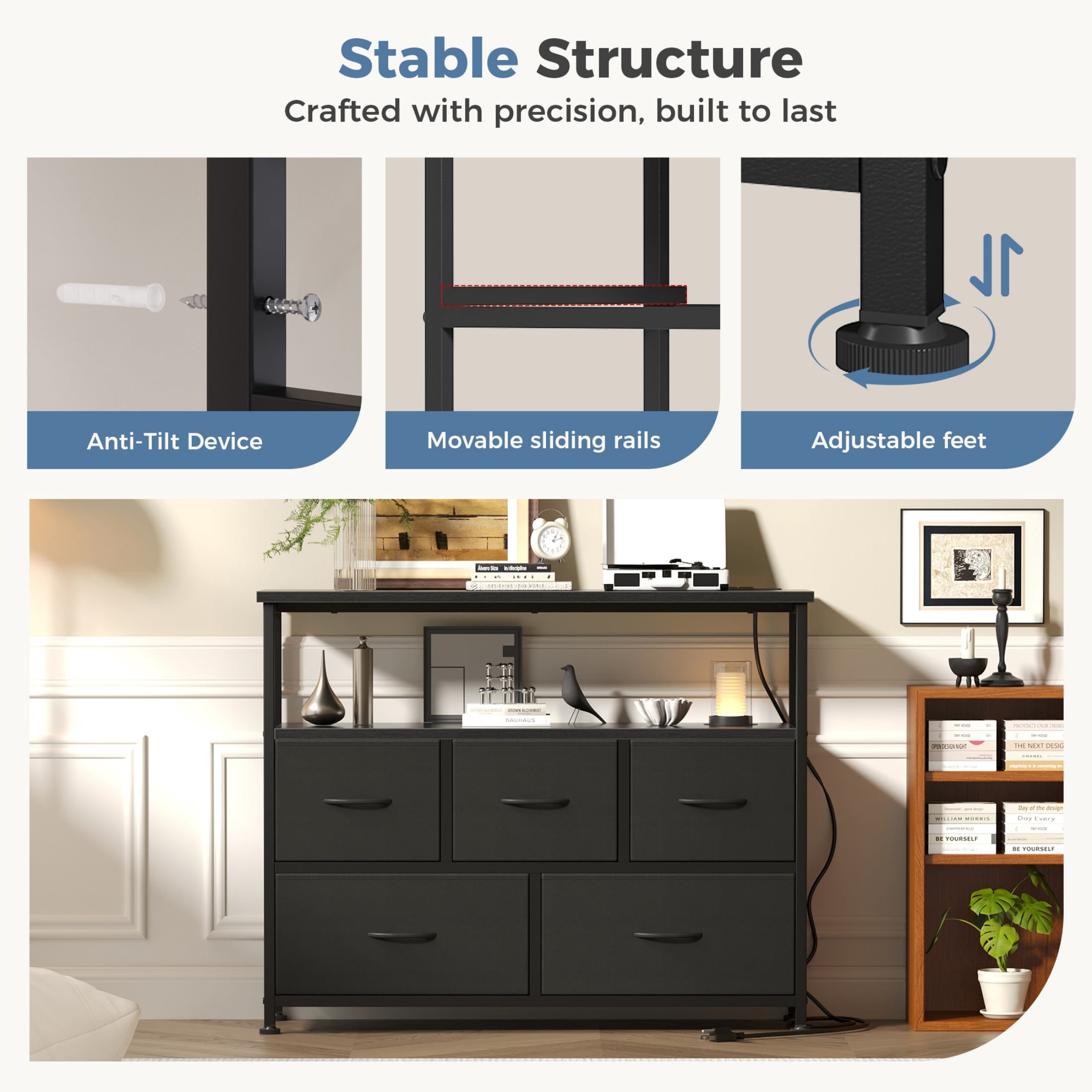 CONCETTA 39.3'' 5 Drawer Dresser with Charging Station, Fabric Storage Chest of Drawers for Bedroom, Living Room, Entryway, Black