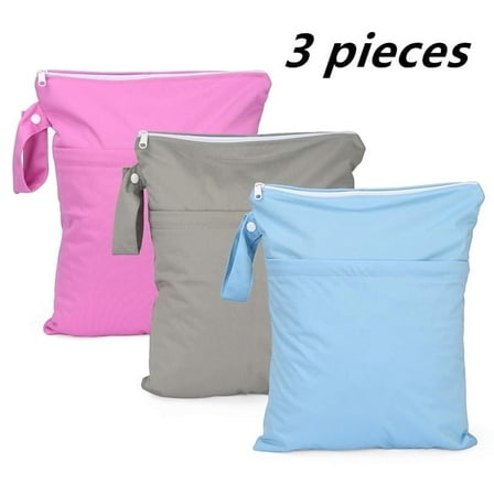 Wet bag diaper diaper, travel, swimsuit, beach, swimming pool, gym, wet clothes bag with 2 pockets 3 packs - (rose red   grey   sky blue)