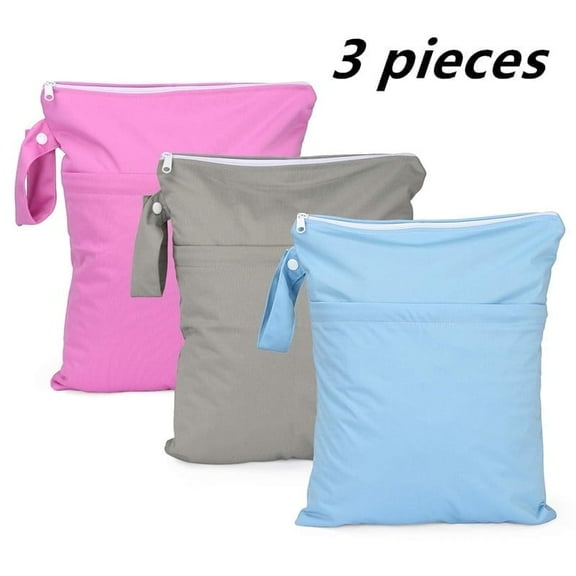 Wet bag diaper diaper, travel, swimsuit, beach, swimming pool, gym, wet clothes bag with 2 pockets 3 packs - (rose red   grey   sky blue)