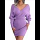 thumbnail image 3 of Vestido Mini de Punto Cruzado de Larga con de Murciélago para Cóctel para Mujer Púrpura L, 3 of 9