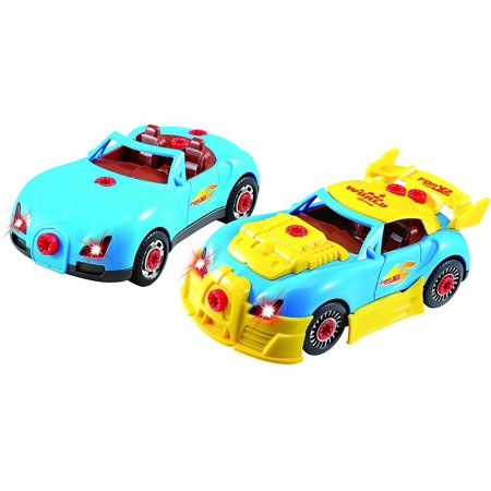 Take Apart Toy Racing Car Kit For Kids-2 in 1-DIY Build Your Own Car Construction Set with 30 Take Apart Pieces, Tool Drill, Lights and