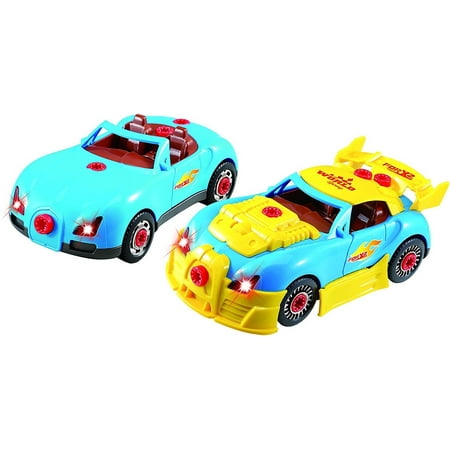 Take Apart Toy Racing Car Kit For Kids-2 in 1-DIY Build Your Own Car Construction Set with 30 Take Apart Pieces, Tool Drill, Lights and