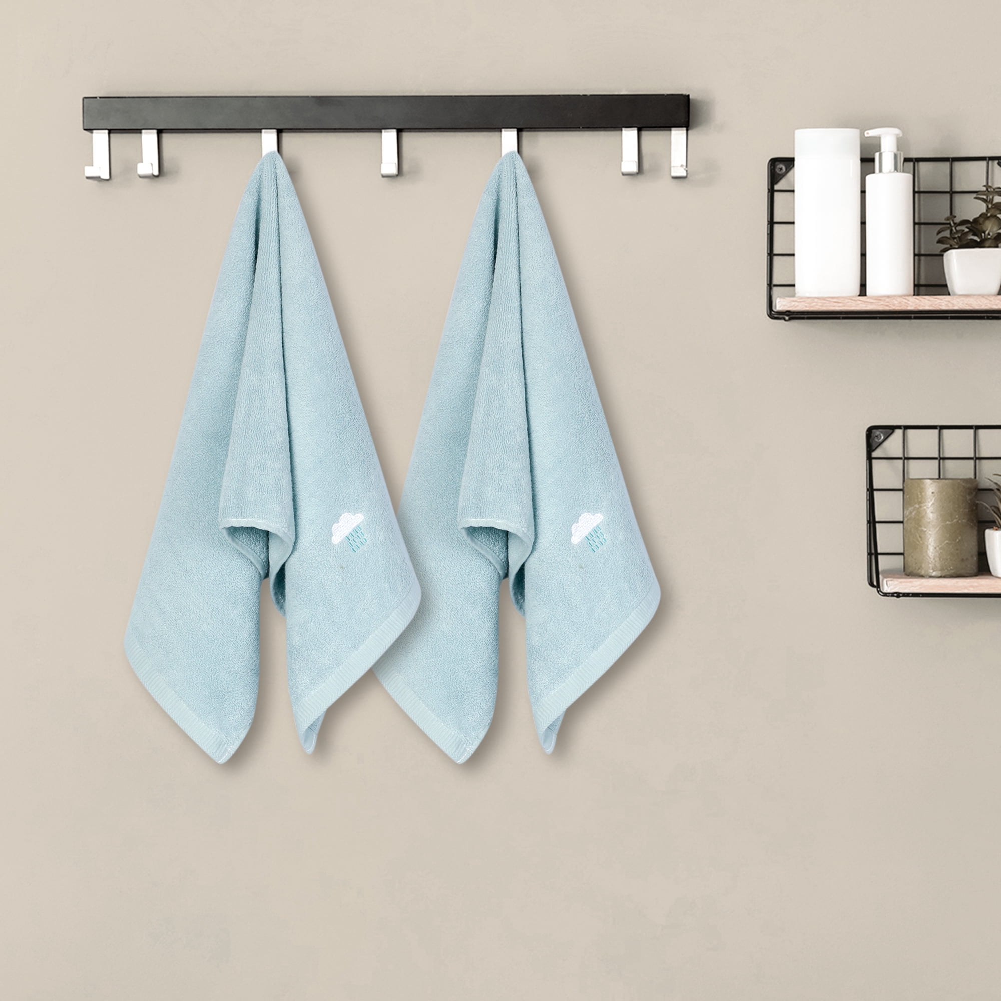 Unique Bargains Cotton Cartoon Pattern Hand Towels Absorbent Decorative Towel Light Blue 2