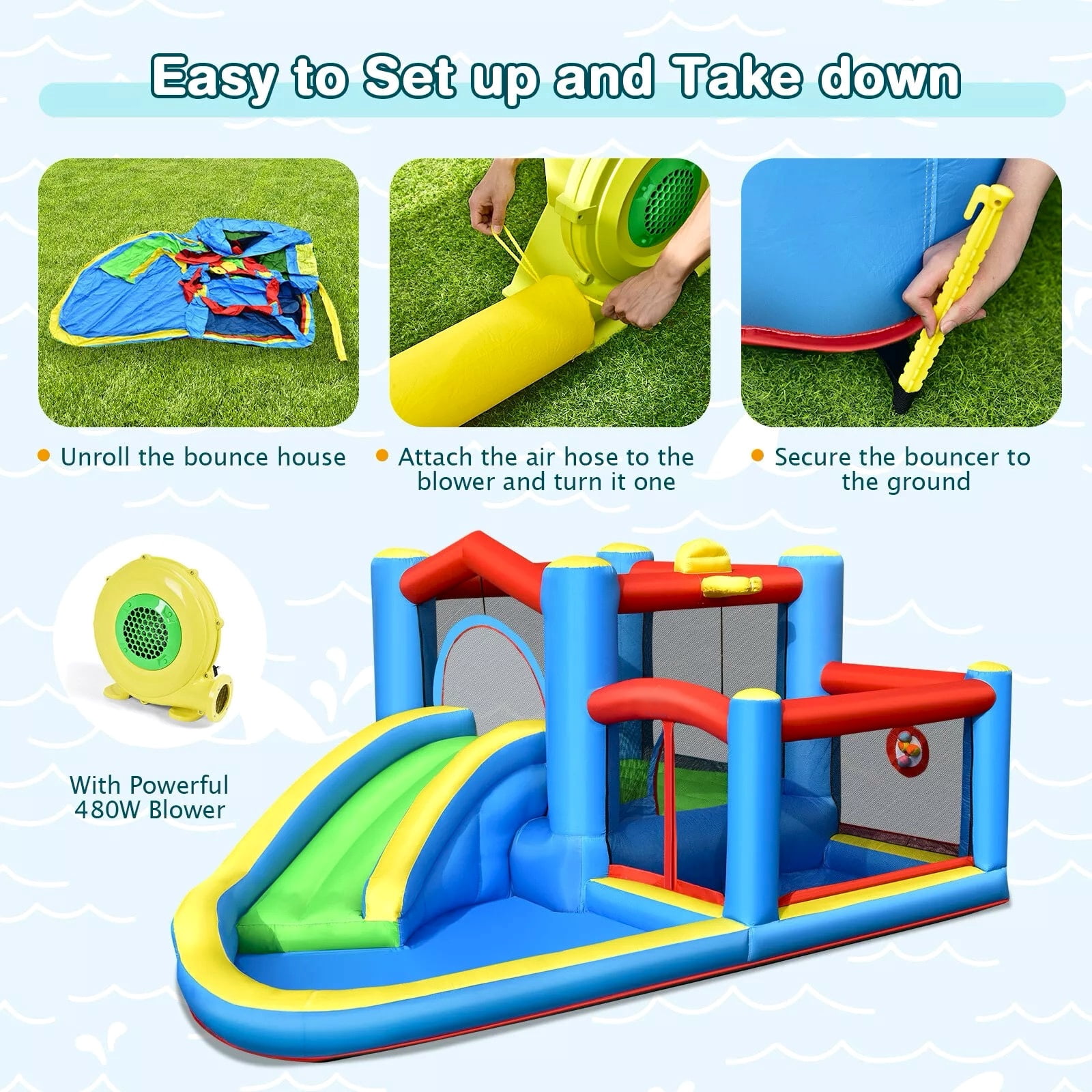 Auranook Inflatable Kids Water Slide Outdoor Indoor Slide Bounce Castle w/480W Blower