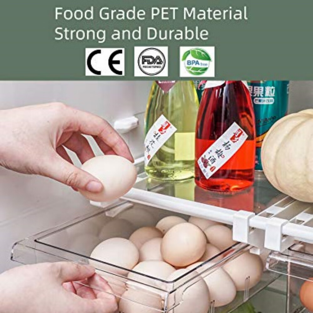 Fridge Drawer Organizer, Refrigerator Organizer Bins, Pull Out with Handle, Shelf Holder Storage Box, Clear Container for Food, Drinks, Fit for Fridge Shelf Under 0.6" (1 Pack Medium)