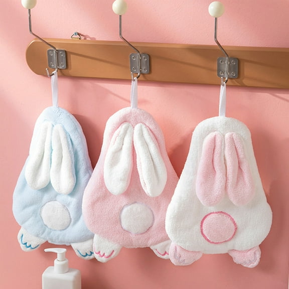 Cute Bunny Coral Fleece Bath Towel, Absorbent Soft Towel with Hanging Lanyard for Kitchen Bathroom Use Towel Holder