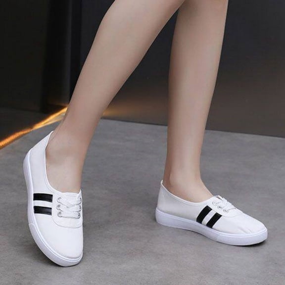 gzxflxpge Women's Striped Canvas Casual Shoes, Low Top Lace Up Lightweight Walking Sneakers White 5.5(CN-36)