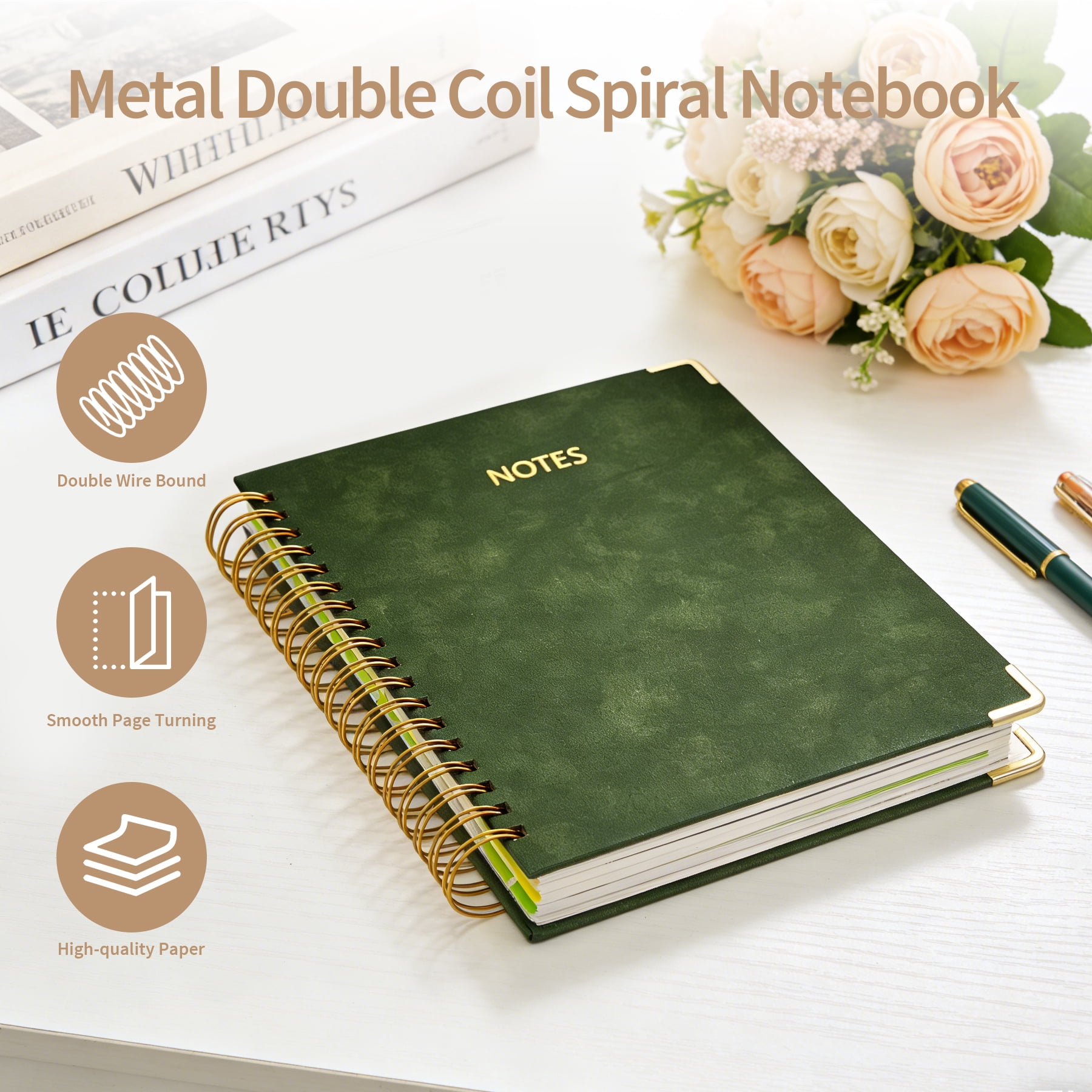 1Pack Hardcover Spiral Notebook with Tab, Ruler &  Removable Dividers, 300 Pages 8"x10" Large B5 Faux Leather Notebooks, 5 Subject Notebook College Ruled for Work, Home (Green)