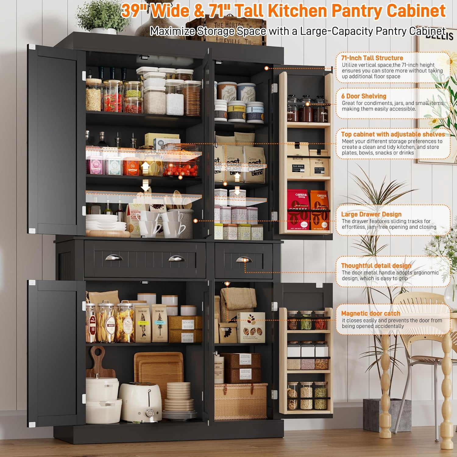 ChVans 71" Tall Kitchen Pantry with 6 Doors, Storage Cabinet with 2 Large Drawer 6 Hanging Shelves, Freestanding Cupboard for Dining Room Living Room